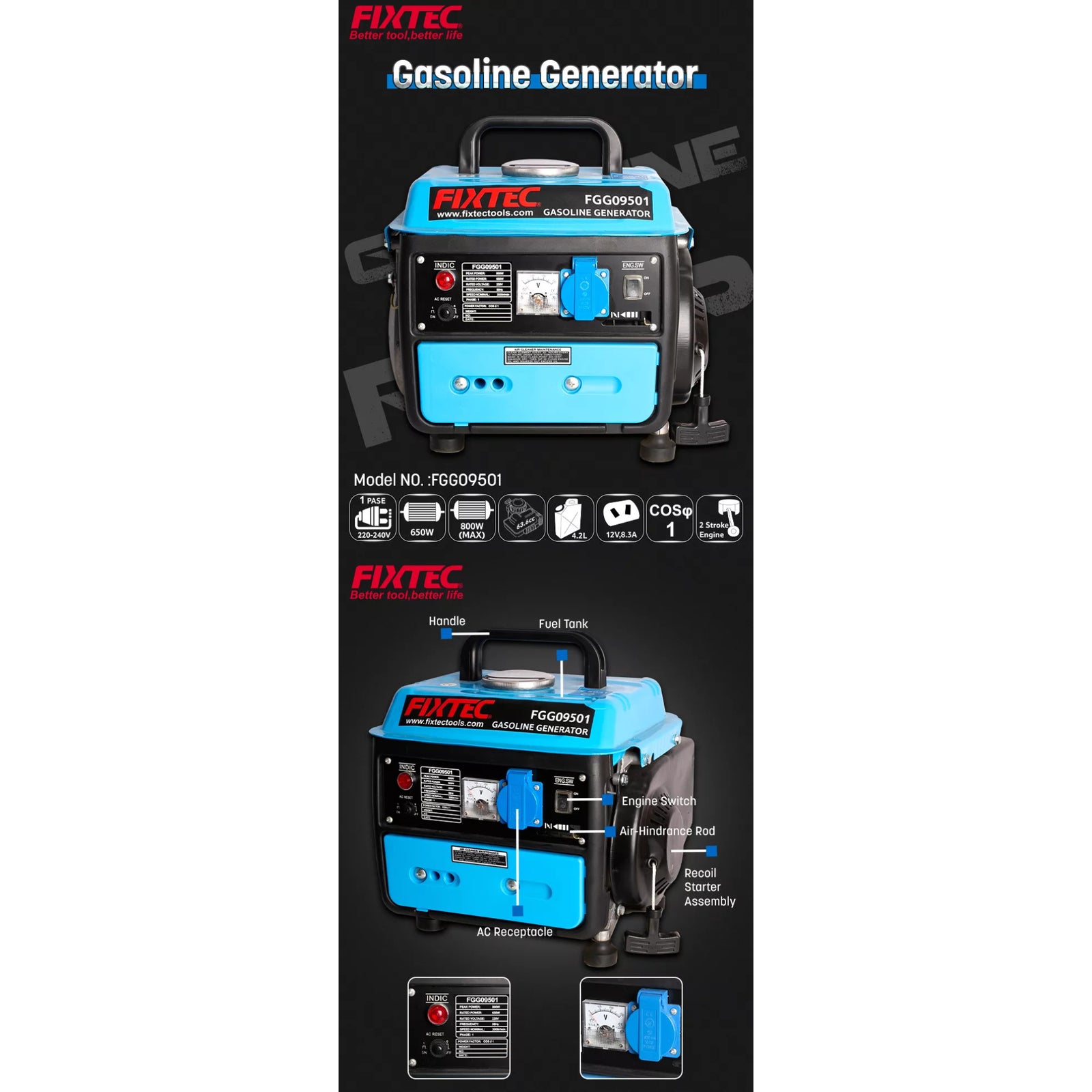 Generador Bencinero Portátil 800W Fixtec FGG09501 Motor 2 Tiempos 12V